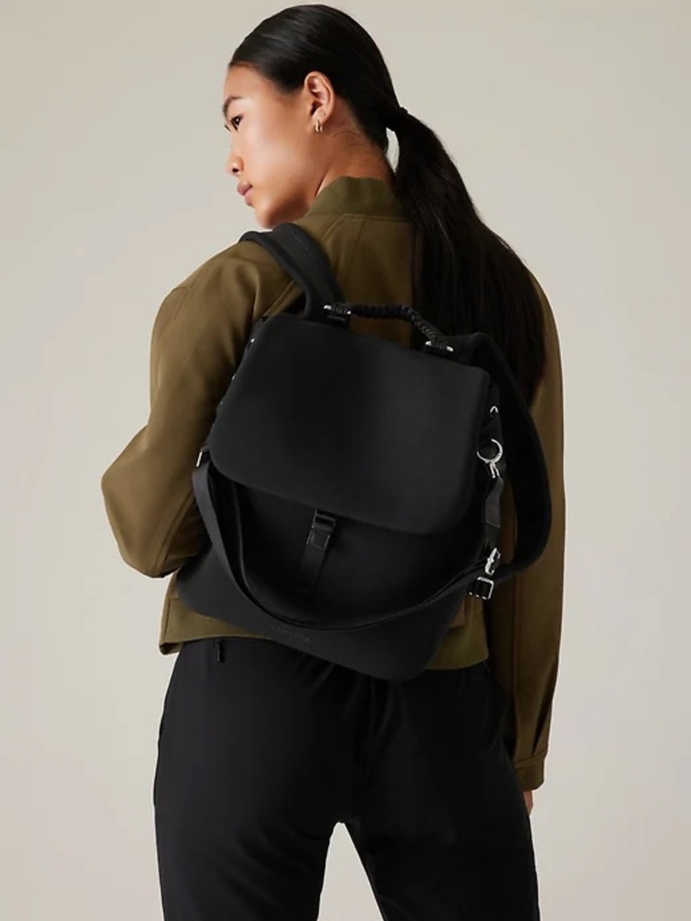NWOT Athleta Revive Convertible Backpack Black Gym Travel Commuter Flap Bag